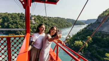 Whirlpool Aero Car crossing the Niagara Gorge during 2023 season after refurbishment