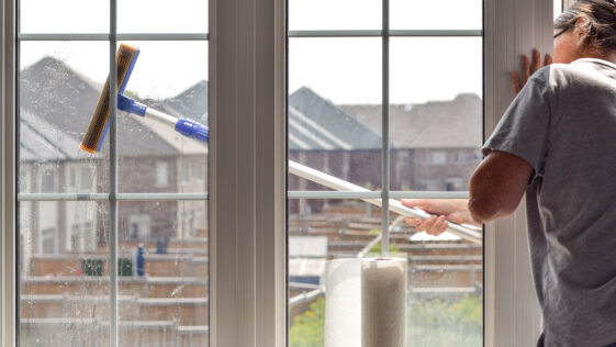 Tecahnician cleaning a large residential window in Niagara Falls – part of NLLC’s expert window cleaning services.