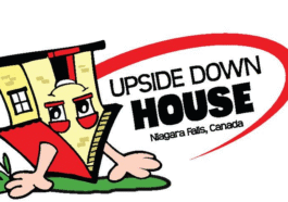 Inside view of The Upside Down House Niagara Falls showing inverted furniture and illusion rooms on Clifton Hill.