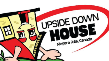 Inside view of The Upside Down House Niagara Falls showing inverted furniture and illusion rooms on Clifton Hill.