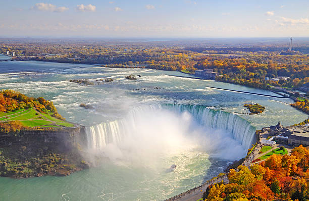 Aerial view of Niagara Falls surrounded by colorful autumn trees.