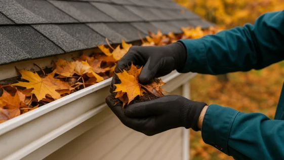 Professional gutter cleaning service in Niagara Falls removing autumn leaves and debris