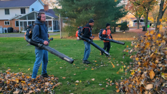 Professional lawn cleanup service in Niagara Falls removing leaves and debris