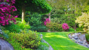 Lush green lawn in Niagara Falls being mowed by professional landscaping team